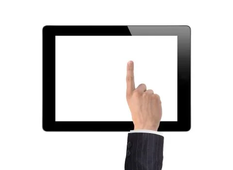 Man hand make a choice on tablet isolated on white Stock Photos