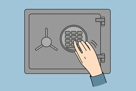 Man hand near safe with electronic combination lock, for storing money and Illustrazione stock