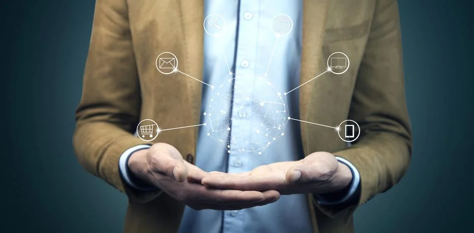 Man hand network in screen Stock Photos