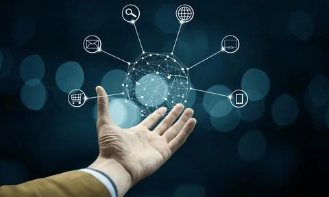 Man hand network in screen Stock Photos