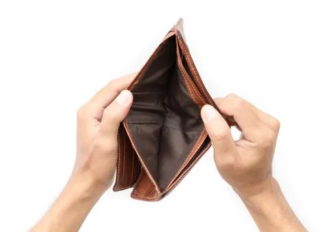Man hand open an empty wallet on white background Stock Photos