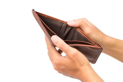 Man hand open an empty wallet isolated on white background with clipping path Stock Photos