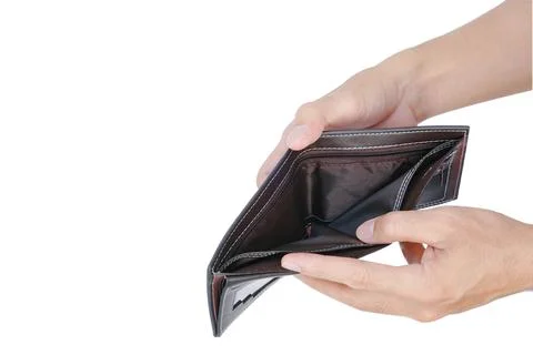Man hand open an empty wallet isolated on white background with clipping path Stock Photos