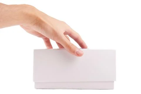 Man, hand opening a simple blank empty white box packaging for smartphone m.. Stock Photos