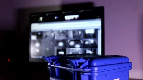 Man hand opens small blue high security level bulletproof case and takes technic Stock Footage 132675161