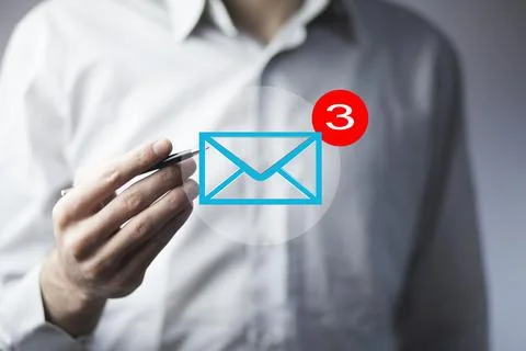 Man hand pen with message in screen Stock Photos