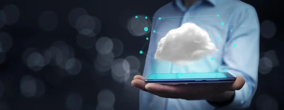 Man hand phone with cloud computing concept Stock Photos