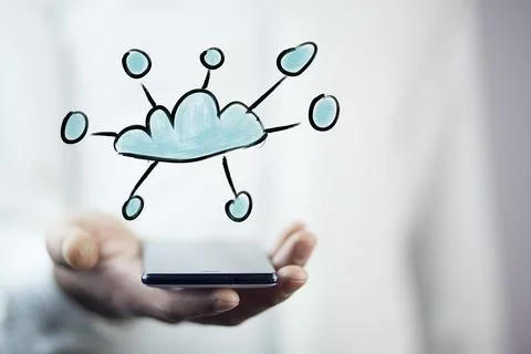 Man hand phone with cloud in screen Stock Photos