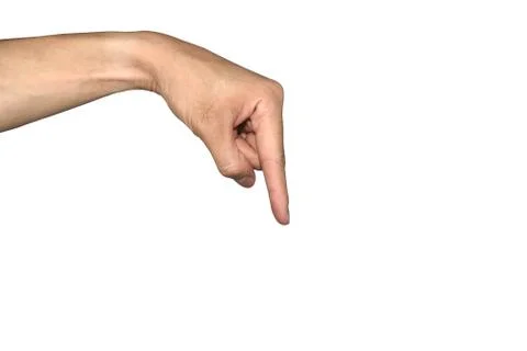 The man hand pointed to the ground itself. Hand sign isolated white background. Stock Photos