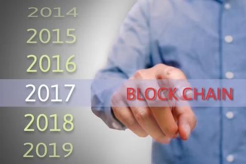 Man hand pointing block chain text, Body man, businessman planing for 2017... Stock Photos