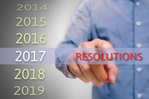 Man hand pointing resolutions text, Body man, for 2017.  targets concept. Stock Photos