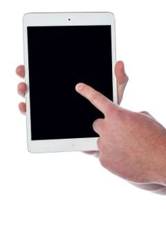 Man hand pointing on touch pad screen Stock Photos