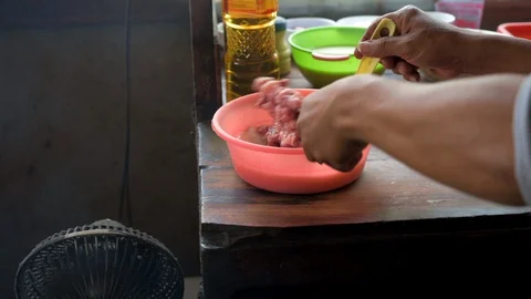 Man hand prepare lamb satay close up view Stock Footage 119916193