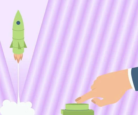 Man Hand Pressing Button To Launch Rocket To Space For New Horizons. Businessman Stock Illustration