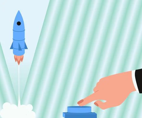 Man Hand Pressing Button To Launch Rocket To Space For New Horizons. Businessman Stock Illustration