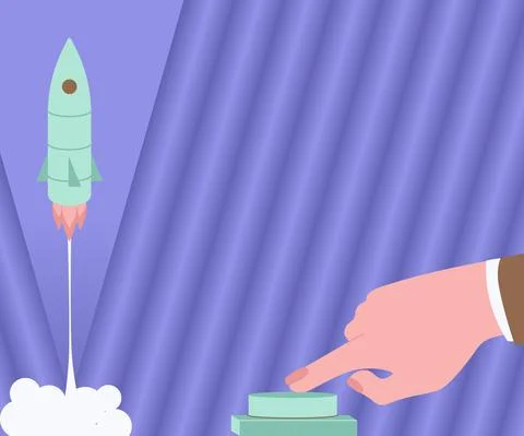 Man Hand Pressing Button To Launch Rocket To Space For New Horizons. Businessman Stock Illustration