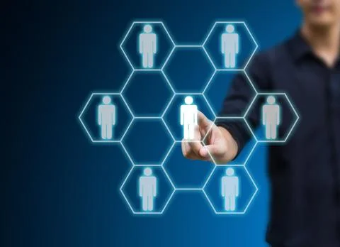 Man hand pressing social network icon, networking concept Stock Photos