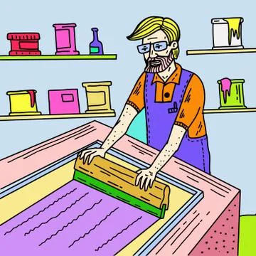 Man hand print silkscreen printer in printshop Illustrazione stock