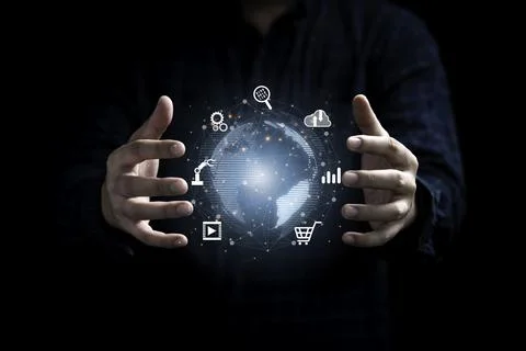 Man hand protecting virtual world with internet connection for metaverse. G.. Stock Photos