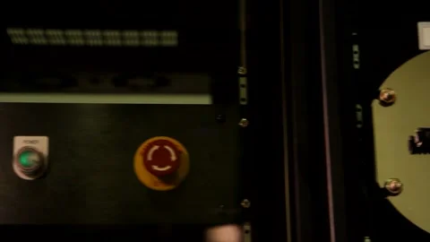 Man hand pushing digital on off start power emergency stop button knob on steel  動画素材 138773981