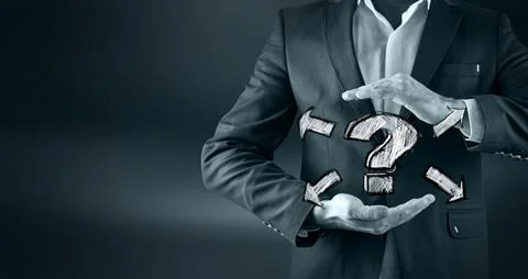 Man hand question mark in screen Stock Photos