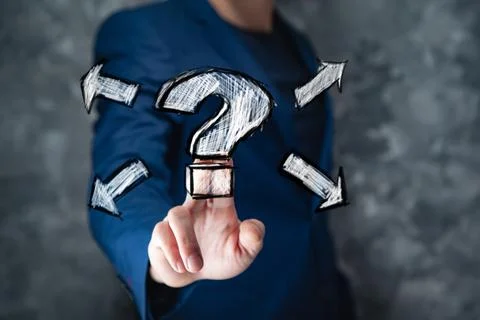 Man hand question mark in screen Stock Photos