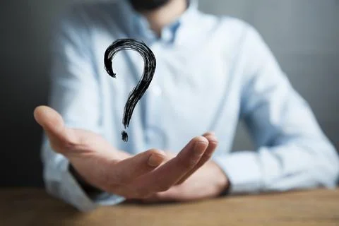 Man hand question mark in screen Stock Photos