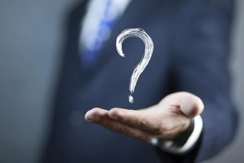 Man hand question mark in screen Stock Photos