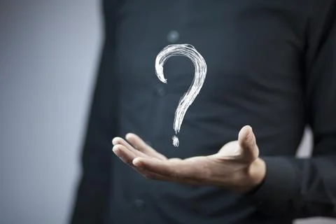 Man hand question mark in screen Stock Photos