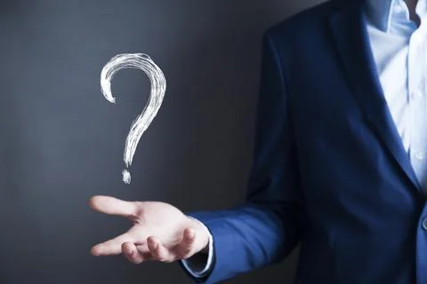 Man hand question mark in screen Stock Photos