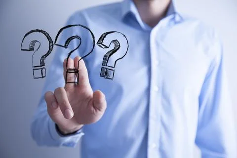 Man hand question mark in screen Stock Photos