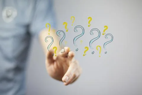 Man hand question marks Stock Photos