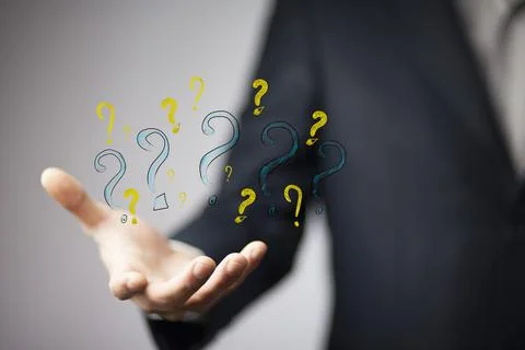 Man hand question marks Stock Photos