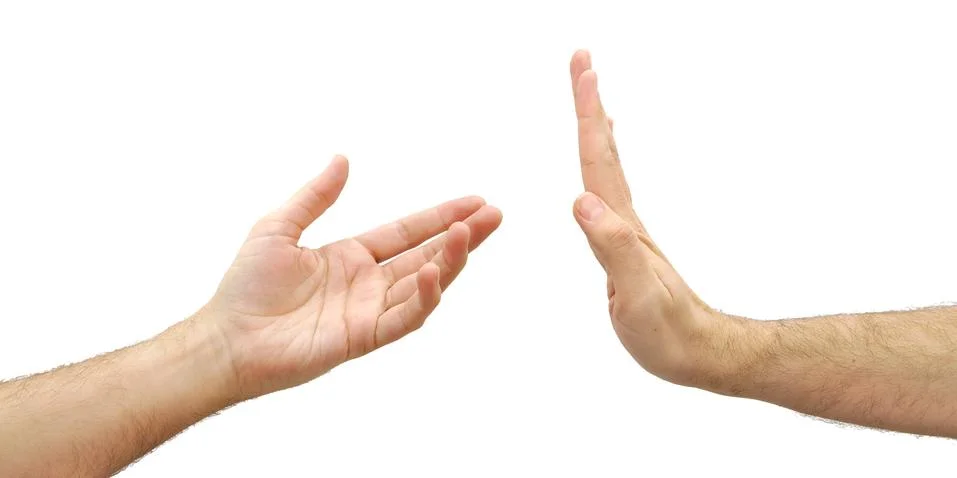 Man hand refusing to help. Selfishness concept isolated on white background Stock Photos
