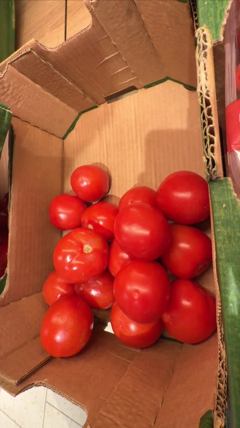 Man hand selecting fresh red tomatoes in cardboard box at supermarket close up Stock Footage 331593072