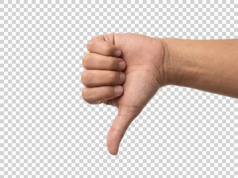 Man hand showing thumbs down gesture signifying dislike or failure on trans.. Stock Photos