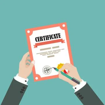 Man hand sign certificate. Vector illustration in flat style Stock Illustration