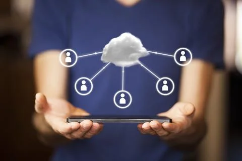 Man hand smart phone with cloud in screen Stock Photos