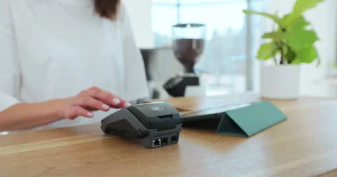 Man hand with smartwatch using terminal for payment, non-cash transaction, side Stock Footage 203893095