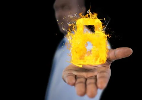 Man with hand spread of with lock fire icon over. Black background Foto stock