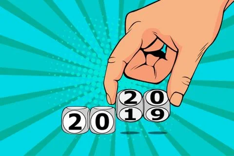 Man hand switch cube from 2019 to 2020. Colorful pop art illustration Stock Illustration