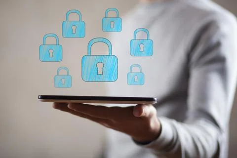 Man hand tablet and lock in screen Stock Photos