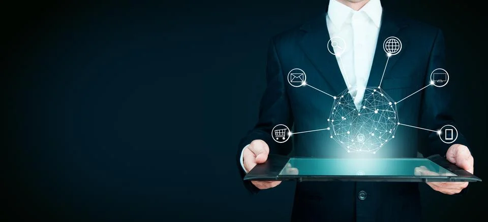Man hand tablet with network Stock Photos