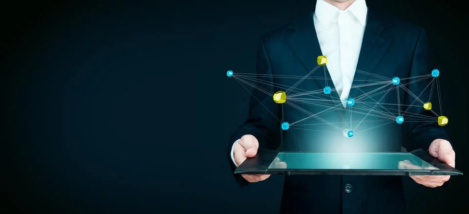Man hand tablet  with network in screen Stock Photos