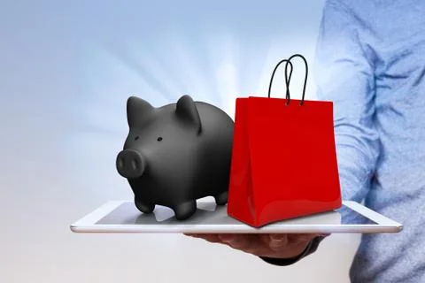 Man Hand Tablet PC Piggy Bank Shopping Bag Stock Illustration