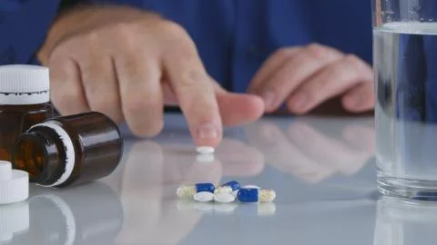Man Hand Taking Pills from the Table for a Medical Treatment 스톡 사진
