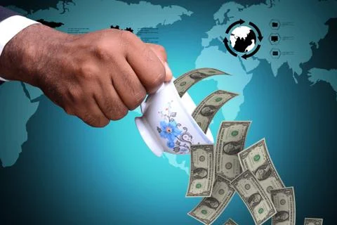 Man hand with tea cup and currency notes Illustrazione stock