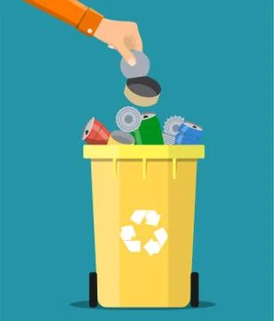 Man hand throws garbage into a metal container Illustrazione stock