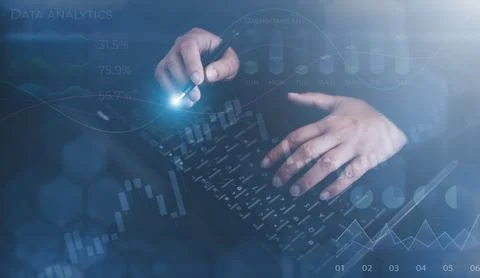 Man Hand touch Cybersecurity concept, man working in sunny office on laptop w Stock Photos