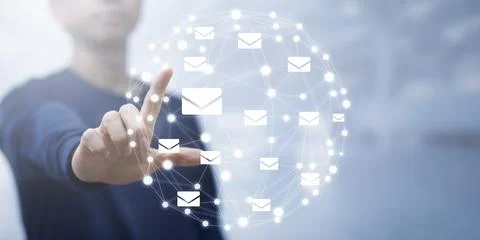 Man hand touch virtual world line with communication icons, letter icon, emai Stock Photos